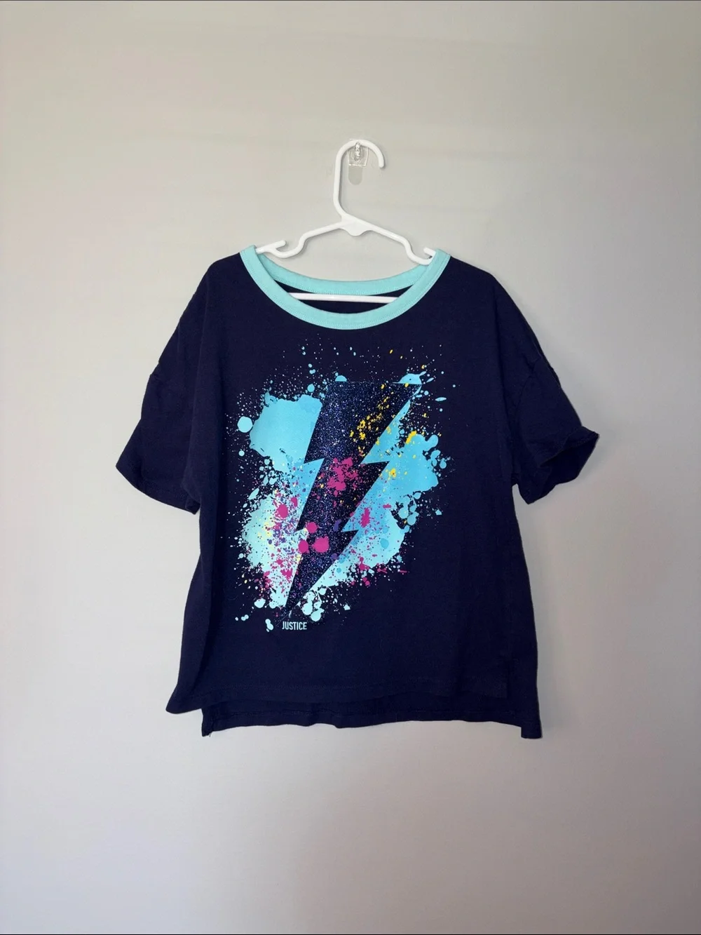 Justice Navy Tee with Aqua Lightning and Neon Splash Youth M